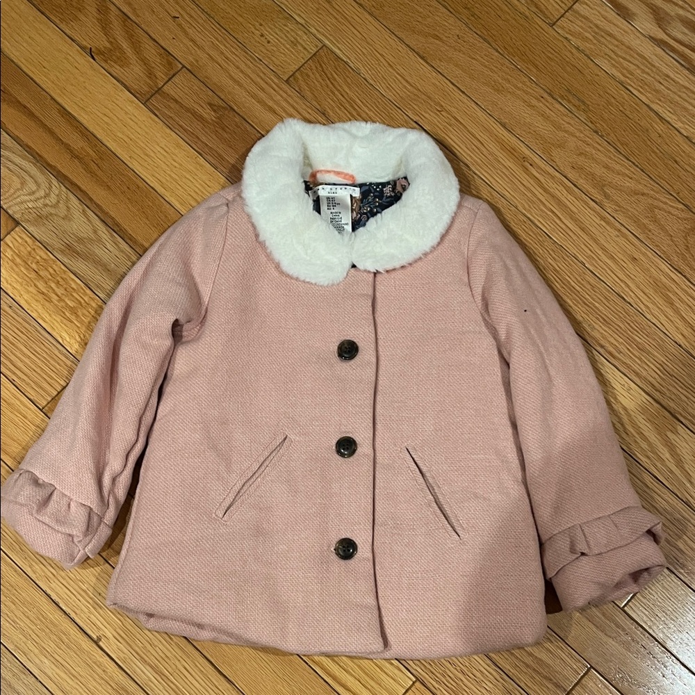 Max Studio Blush Pea Coat with White Faux Fur Collar